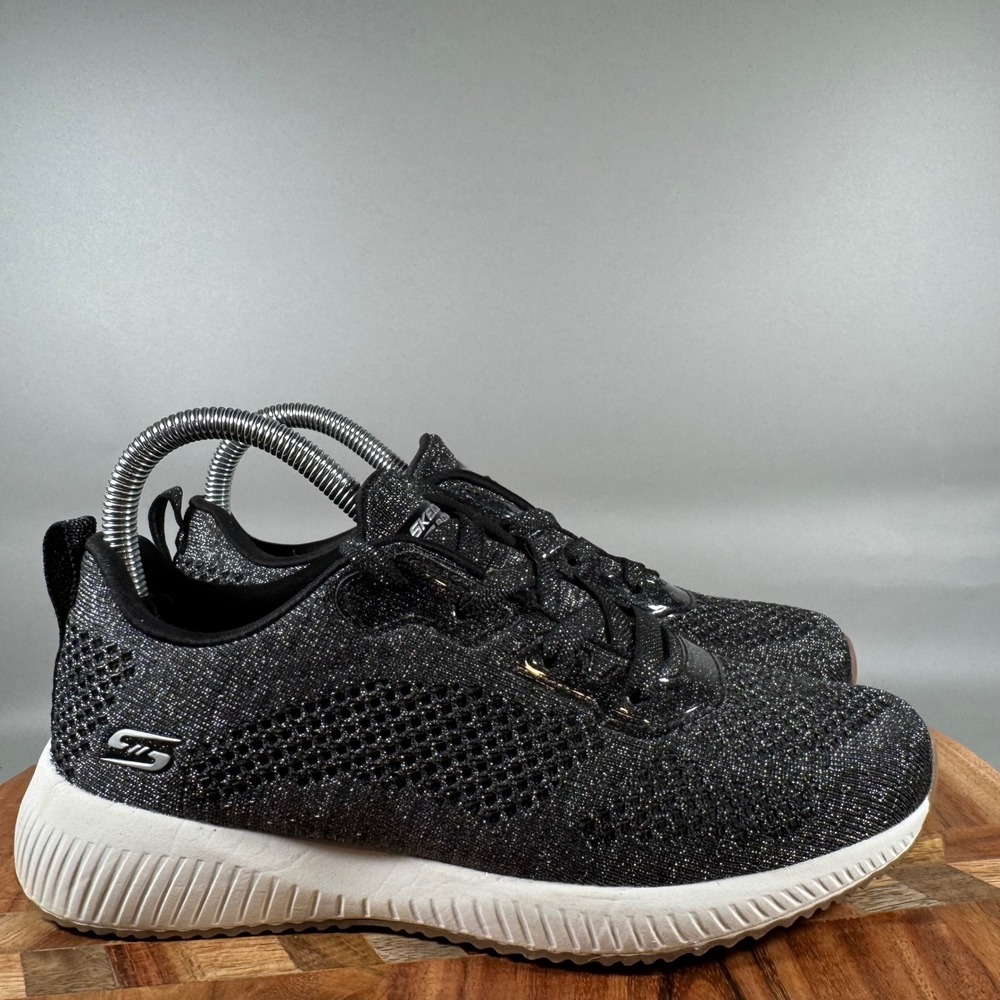 Skechers BOBS Squad 2 Black Silver Glitter Memory Foam Sneakers Womens 7.5